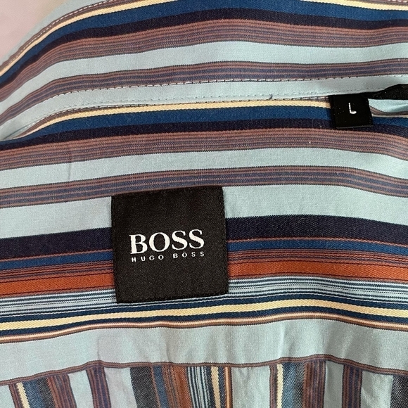 HUGO BOSS Button Down Long Sleeve Multi Colored Stripes Men’s Cotton Dress Shirt - Picture 6 of 9